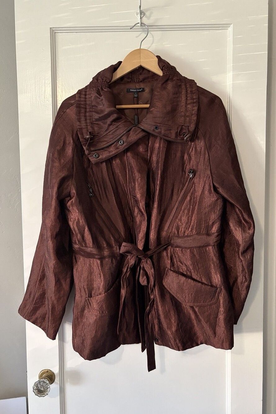 Samuel Dong Metallic Brown Crinkle Jacket Large L Lagenlook Funnel Art To Wear